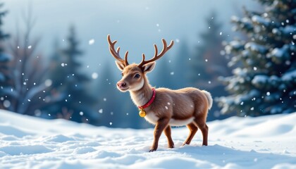 playful art depicting a reindeer with bells standing on a snowy surface with cool blues and whites palette on a clean white background, subject not filling the frame.