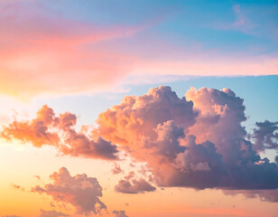 Serene Sunset Sky: Pastel Hues, Dramatic Cumulus Clouds, Peaceful Evening Atmosphere, Soft Light, Dreamy Mood.