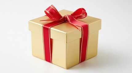 Obraz premium Golden gift box with red ribbon bow, elegant and festive, symbolizing luxury and celebration