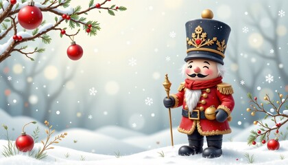 whimsical illustration depicting a toy soldier wearing bells with soft winter palette palette on a clean white background, subject not filling the frame.