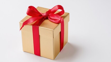 Obraz premium Golden gift box with red ribbon bow, elegant and festive, symbolizing luxury and celebration