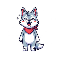 Cartoon Adorable Standing Wolf with Sparkle Eyes and Red Bandana Illustration