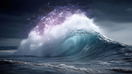 Fototapeta premium Majestic ocean wave crashing against the shore under a stormy sky, with digital elements emerging