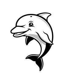 Monochrome Cartoon Illustration of a Smiling Dolphin Aquatic Mammal Character