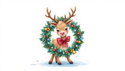 a cute digital painting of a reindeer with bells carrying a wreath in cool blues and whites, isolated on a white background with plenty of negative space.