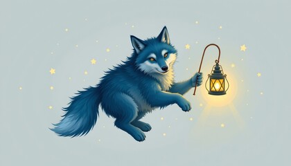 playful art depicting a wolf with lantern floating gently with cool blues and whites palette on a clean white background, subject not filling the frame.