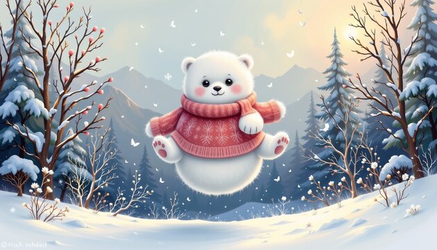 a cute digital painting of a polar bear in sweater floating gently in soft winter palette, isolated on a white background with plenty of negative space.