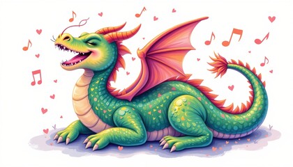 a storybook art of a sleeping dragon singing joyfully in candy colors, isolated on a white background with plenty of negative space.
