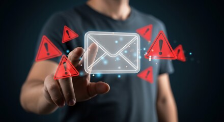 Man's Finger Touching Glowing Email Icon Surrounded by Warning Signs.