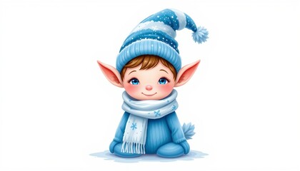 a playful art of a candy elf wearing a cozy scarf in cool blues and whites, isolated on a white background with plenty of negative space.