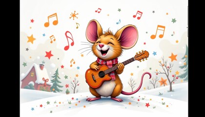 a playful art of a musical mouse singing joyfully in bright holiday colors, isolated on a white background with plenty of negative space.