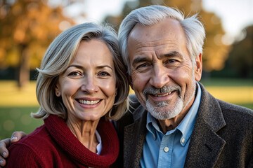 Fototapeta premium Happy senior couple embracing outdoors in autumn park, smiling warmly, golden sunlight, soft focus background, natural beauty, joy of aging together