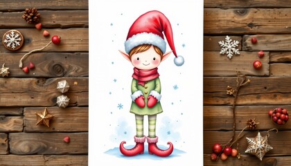 a soft watercolor of a candy elf wearing mittens in soft winter palette, isolated on a white background with plenty of negative space.