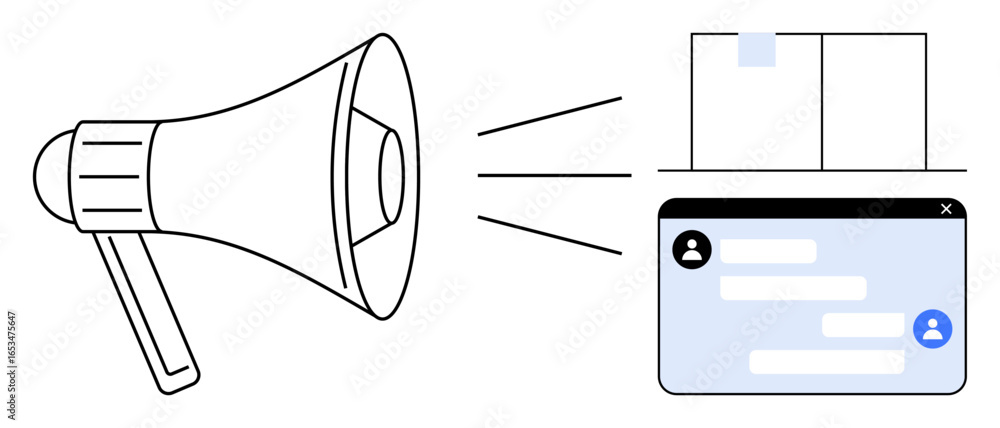 Poster megaphone projecting sound waves to a chat interface with user profiles and messages. ideal for mark