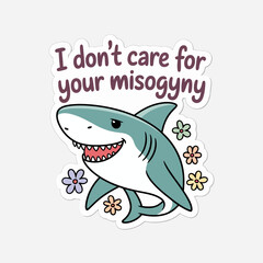 A cute shark cartoon with a feminist message, isolated on white background, perfect for stickers, cards, or gifts to promote equality and empowerment