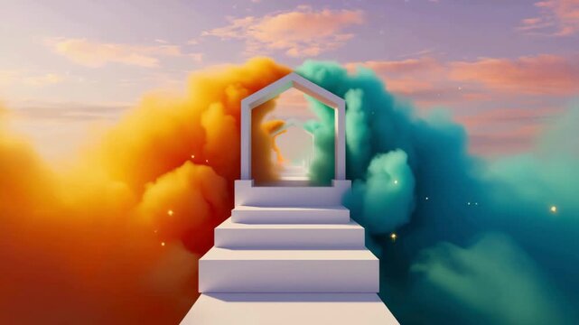 Arched corridor in clouds with teal orange smoke
