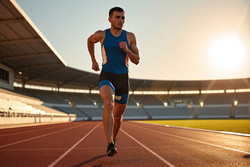 Fototapeta premium Male athlete running on a track at stadium during sunrise or sunset, strong posture, focused expression, competitive sports, fitness training