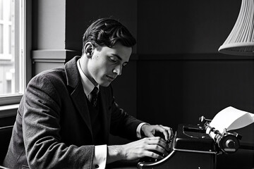 Black-and-white photo of a man in a vintage suit typing on a classic typewriter by a window, focused expression, nostalgic literary or journalistic scene
