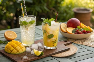 Fototapeta premium Cold homemade lemonade cocktail, mojito with mango slices, ice and fruits on sunny table