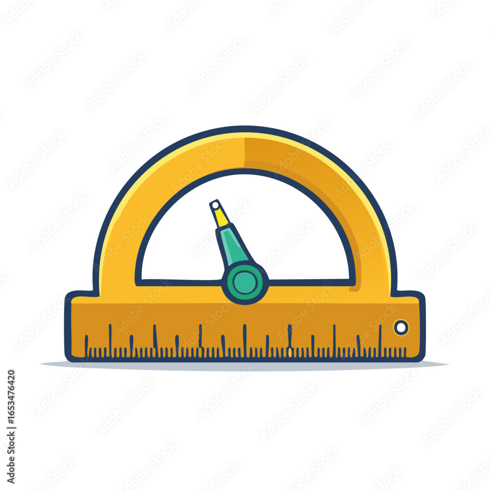 Poster yellow protractor with markings and green pointer for measuring angles in mathematics