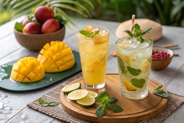 Fototapeta premium Cold homemade lemonade cocktail, mojito with mango slices, ice and fruits on sunny table