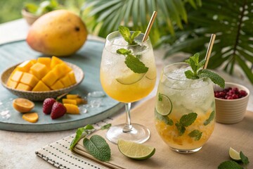 Cold homemade lemonade cocktail, mojito with mango slices, ice and fruits on sunny table