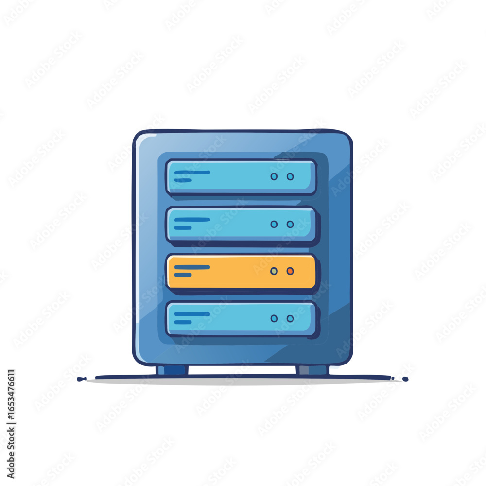 Poster cartoon illustration of a server rack with one highlighted unit for data center technology