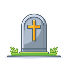 Obraz premium Cartoon style gray gravestone with prominent golden cross standing on vibrant green grass illustration