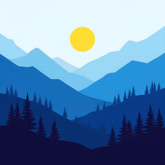 Minimalist blue mountain landscape with layers of peaks, pine trees, and a yellow sun in a flat design style.