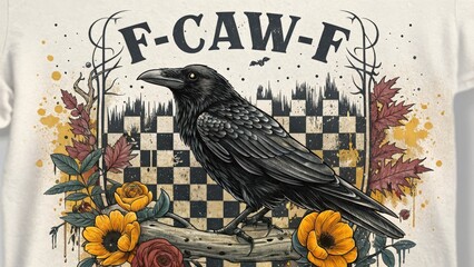 Gothic raven with f caw f text and autumnal floral accents isolated on white background