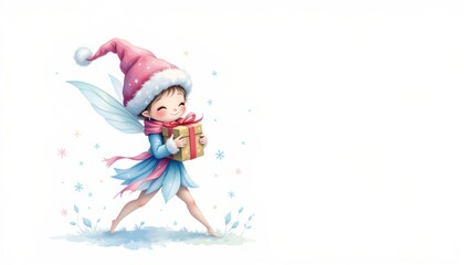 Fototapeta premium a soft watercolor of a frost sprite carrying a gift box in pastel tones, isolated on a white background with plenty of negative space.