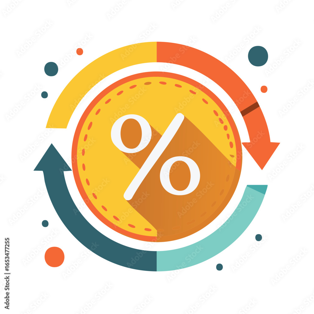 Poster percentage symbol with rotation arrows visualizing growth and reduction rates
