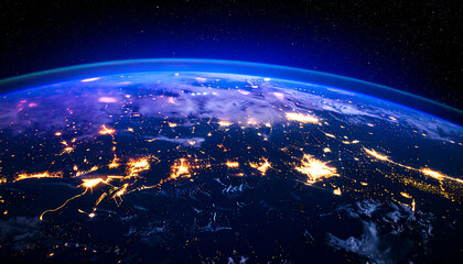 Night Earth: Stunning view of city lights at night from space, showcasing global connectivity and vibrant energy, a dramatic and awe-inspiring image.