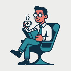 Man reading a book and drinking coffee in a chair, isolated on white background, perfect for illustrating relaxation, leisure, and the joy of reading, a graphic design with a vintage style