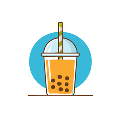 Boba milk tea drink cartoon illustration, tapioca balls in transparent cup, green straw, trendy delicious dessert
