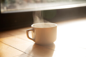 Refreshing hot cup of coffee at a cafe 