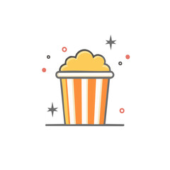 Classic striped popcorn bucket with golden kernels and sparkling elements for movie cinema snack