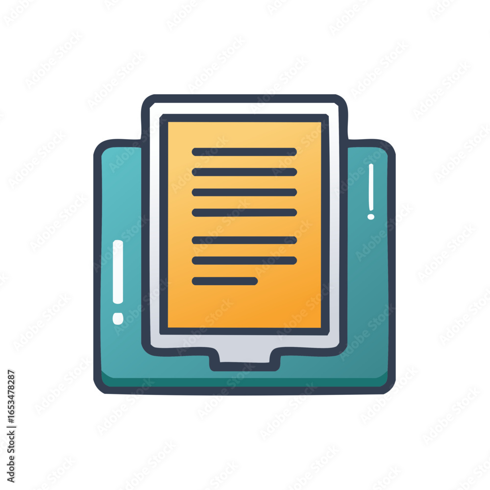Poster stylized paper document in inbox tray with text lines on yellow, teal colors for business or educati