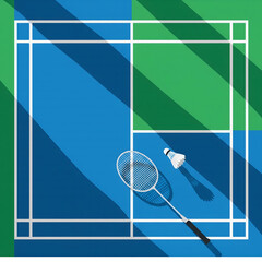 Top view illustration of a vibrant blue and green badminton court with a racket and shuttlecock, perfect for sports game concepts and athletic activity graphics.