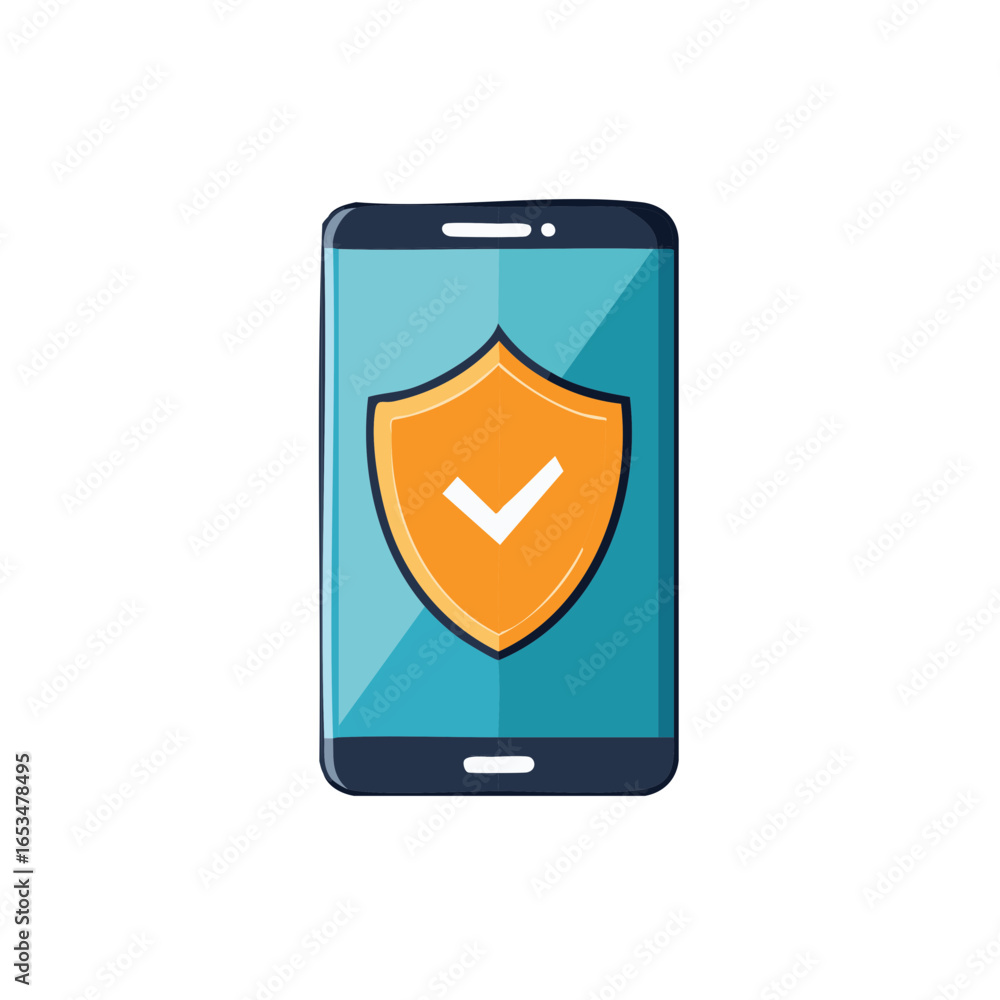 Poster smartphone with a shield and checkmark, representing digital security and protection.