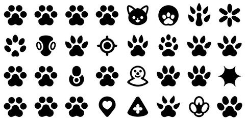 Assortment of Animal Paw Prints and Pet Related Icons vector illustration