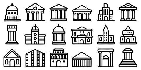 Variety of architectural building icons representing different styles of government and public structures