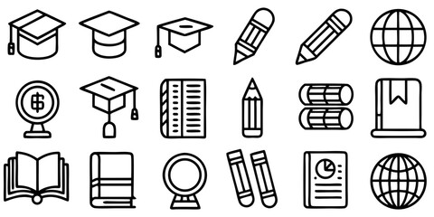 Assortment of education and learning themed line art icons including graduation caps books pencils and globes