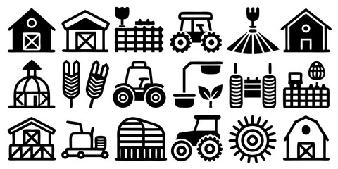 Collection of farm and agriculture icons in black silhouette on white background tractor barn