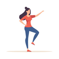 Woman in casual attire balancing, reaching hand to the side, concept of activity