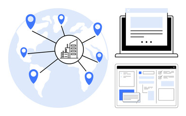 World map with location points linked to a building, laptop with browser window, workflow interface. Ideal for global networking, collaboration, remote work, technology adoption, connectivity