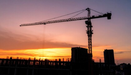 Silhouette of a construction crane at sunset over a building site