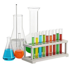 Collection of assorted glass laboratory beakers flasks and test tubes filled with colorful liquids isolated on transparent background