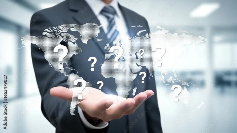 Poster a businessman holding a world map with question marks hovering above his open hand in a suit
