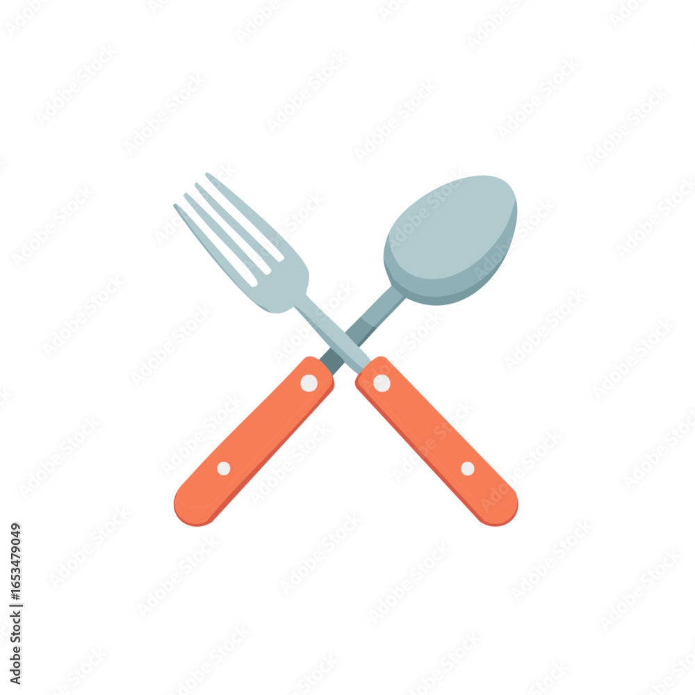 Poster crossed blue fork and spoon with orange handles creating an x shape for dining concepts